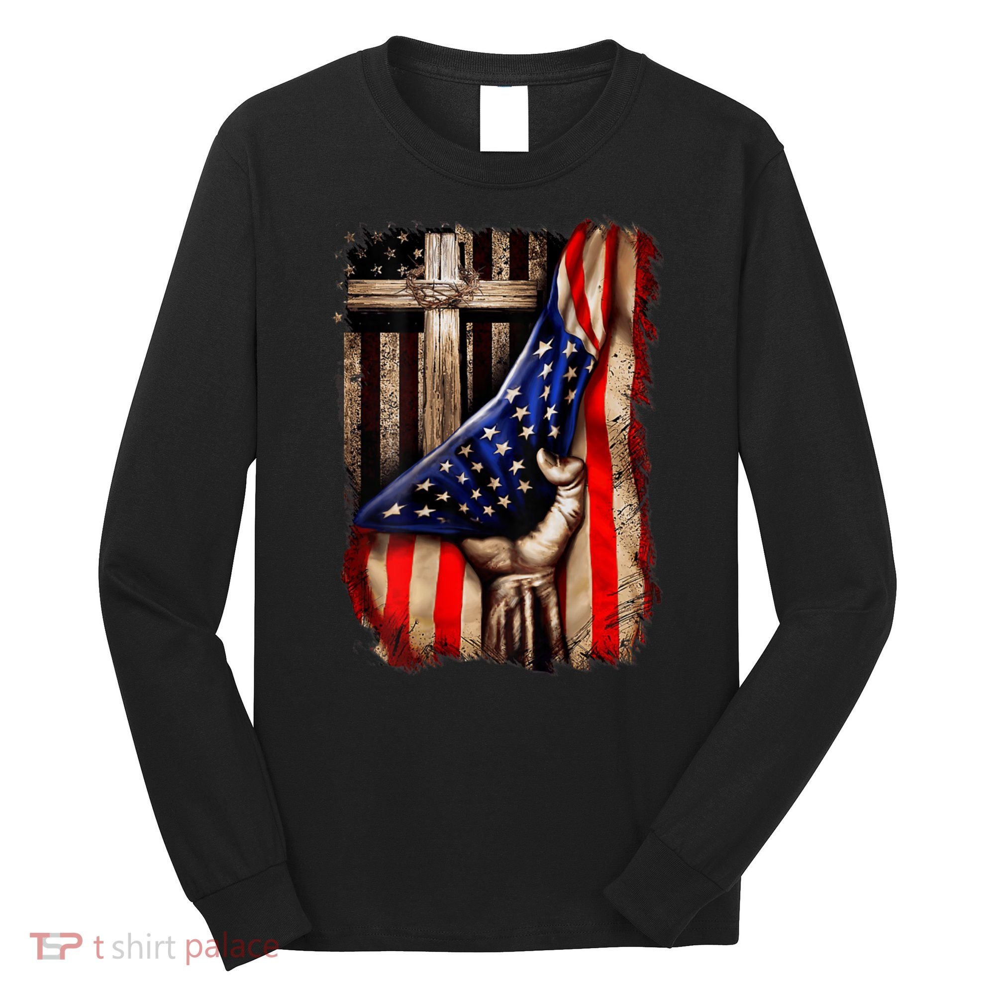 American Christian Cross Patriotic Flag Long Sleeve Shirt