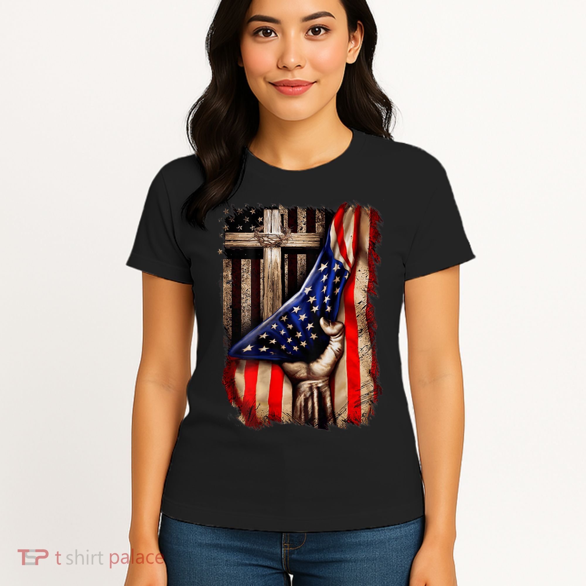 American Christian Cross Patriotic Flag Women's T-Shirt