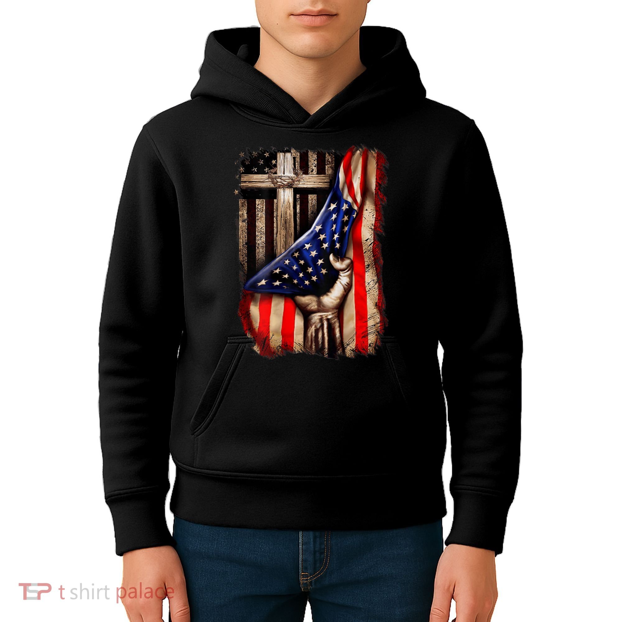 American Christian Cross Patriotic Flag Kids Hoodie