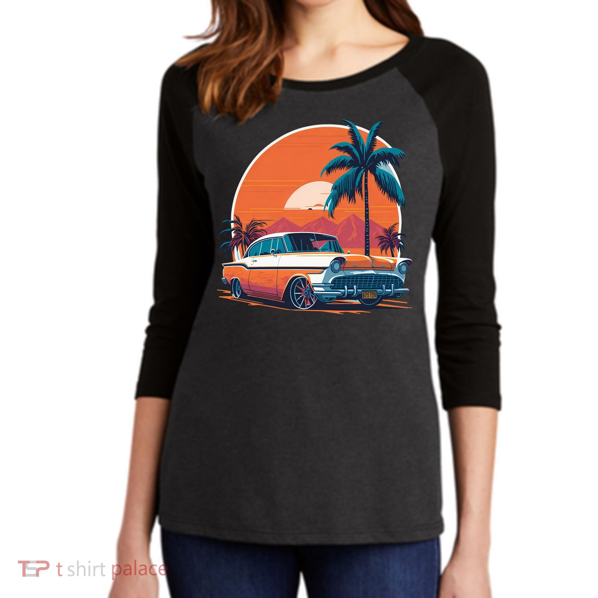 A Classic Car Parked In Front Women's Tri-Blend 3/4-Sleeve Raglan Shirt