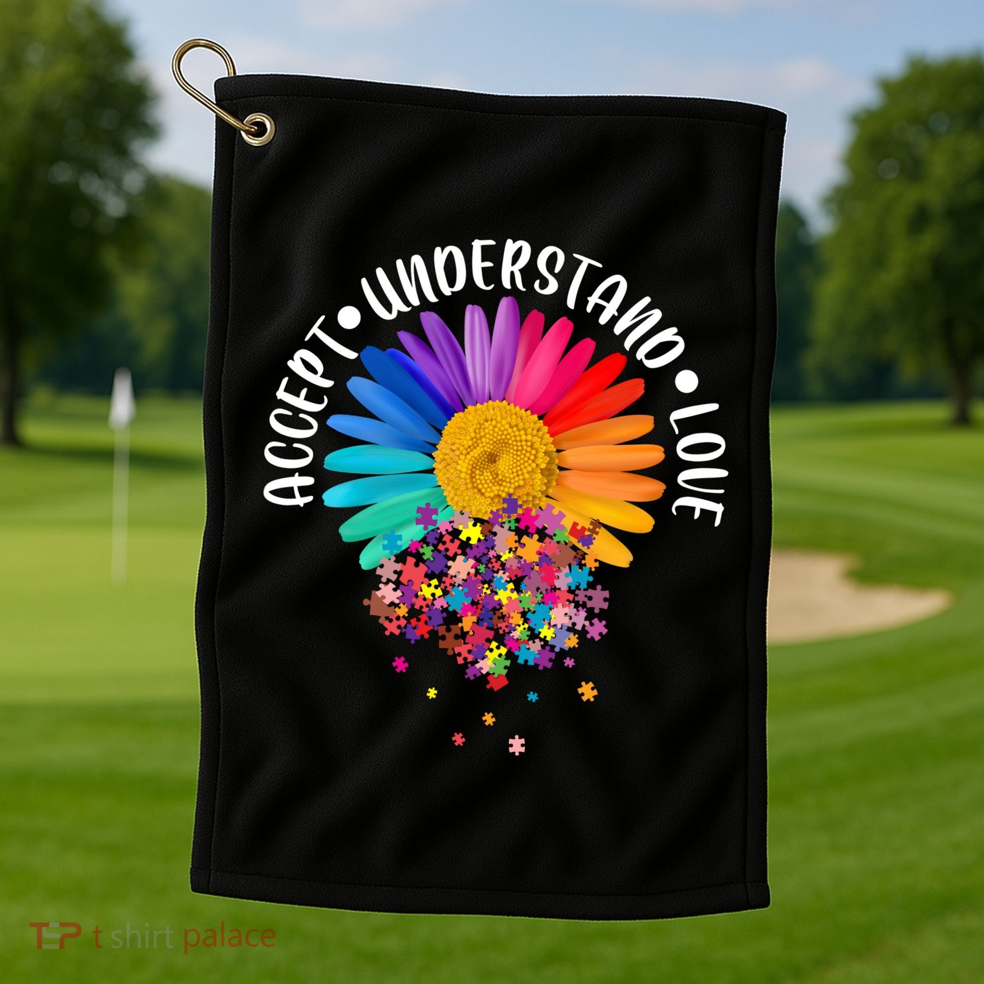 Accept Understand Love Autism Flower Puzzle Pieces Golf Towel