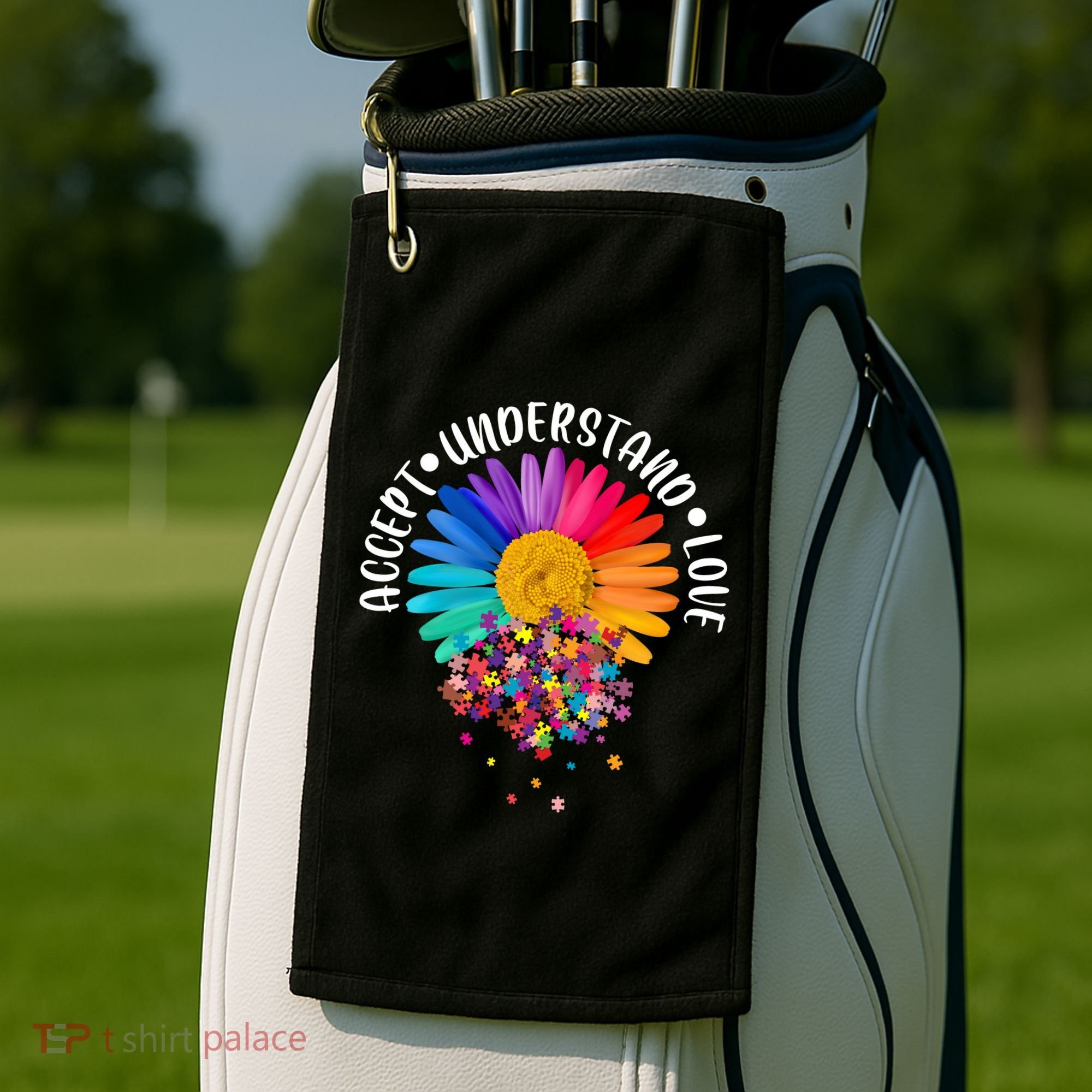 Accept Understand Love Autism Flower Puzzle Pieces Golf Towel