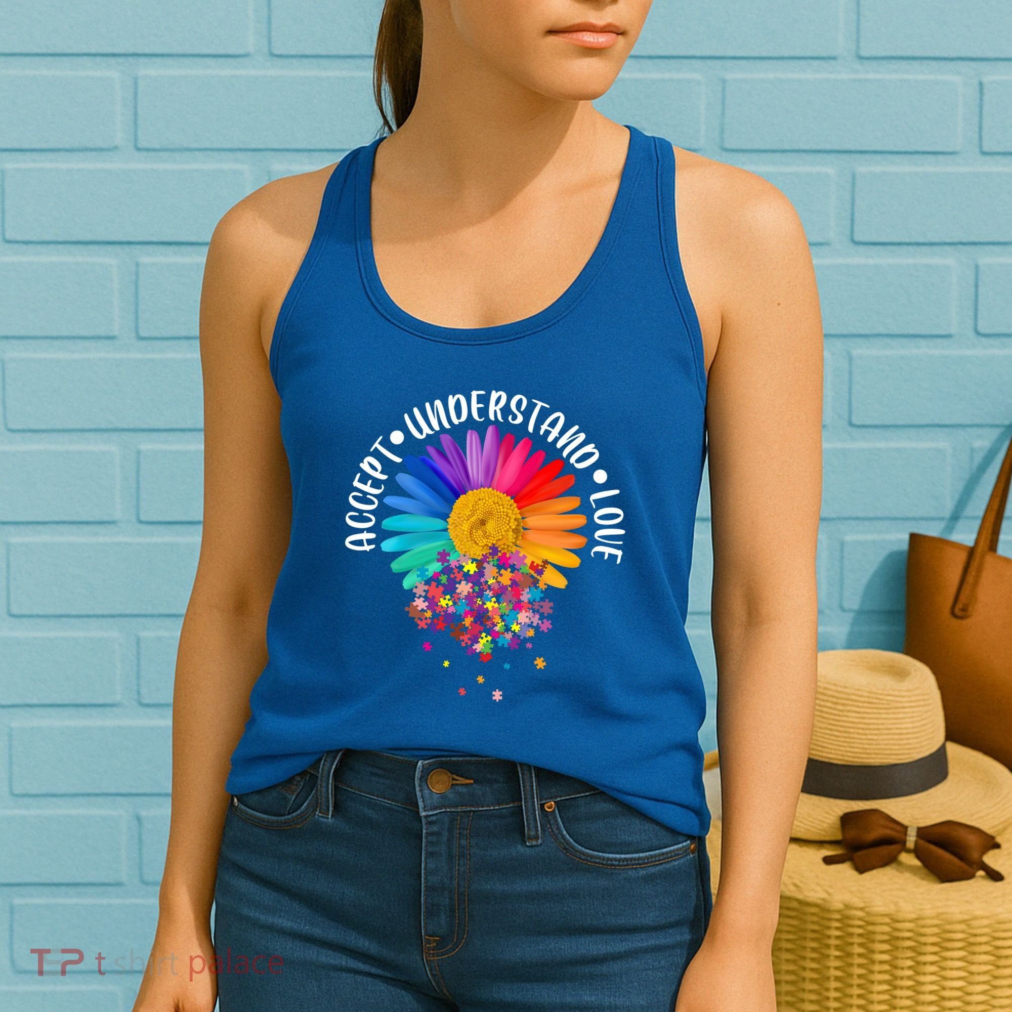 Accept Understand Love Autism Flower Puzzle Pieces Women's Tank Top