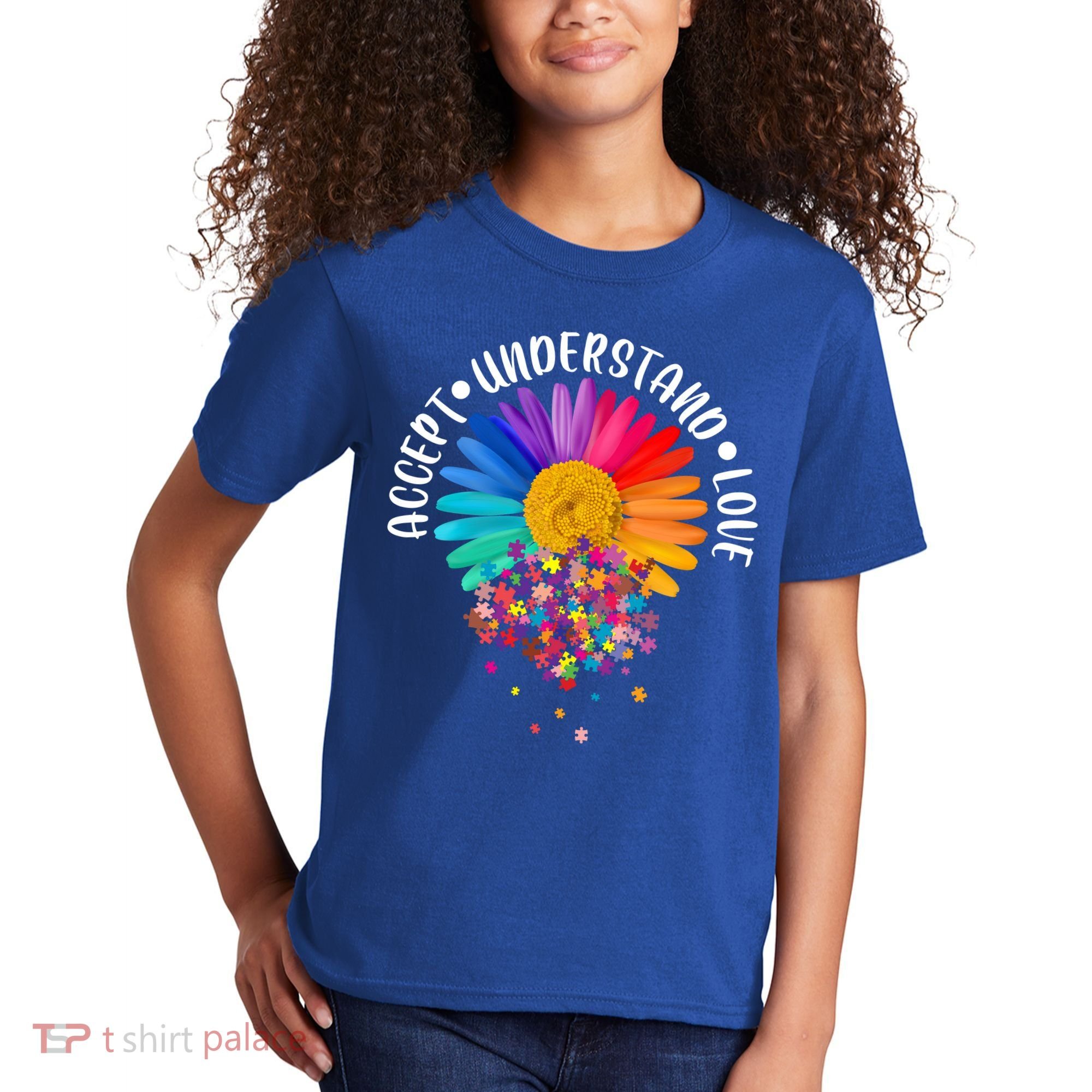 Accept Understand Love Autism Flower Puzzle Pieces Kids T-Shirt
