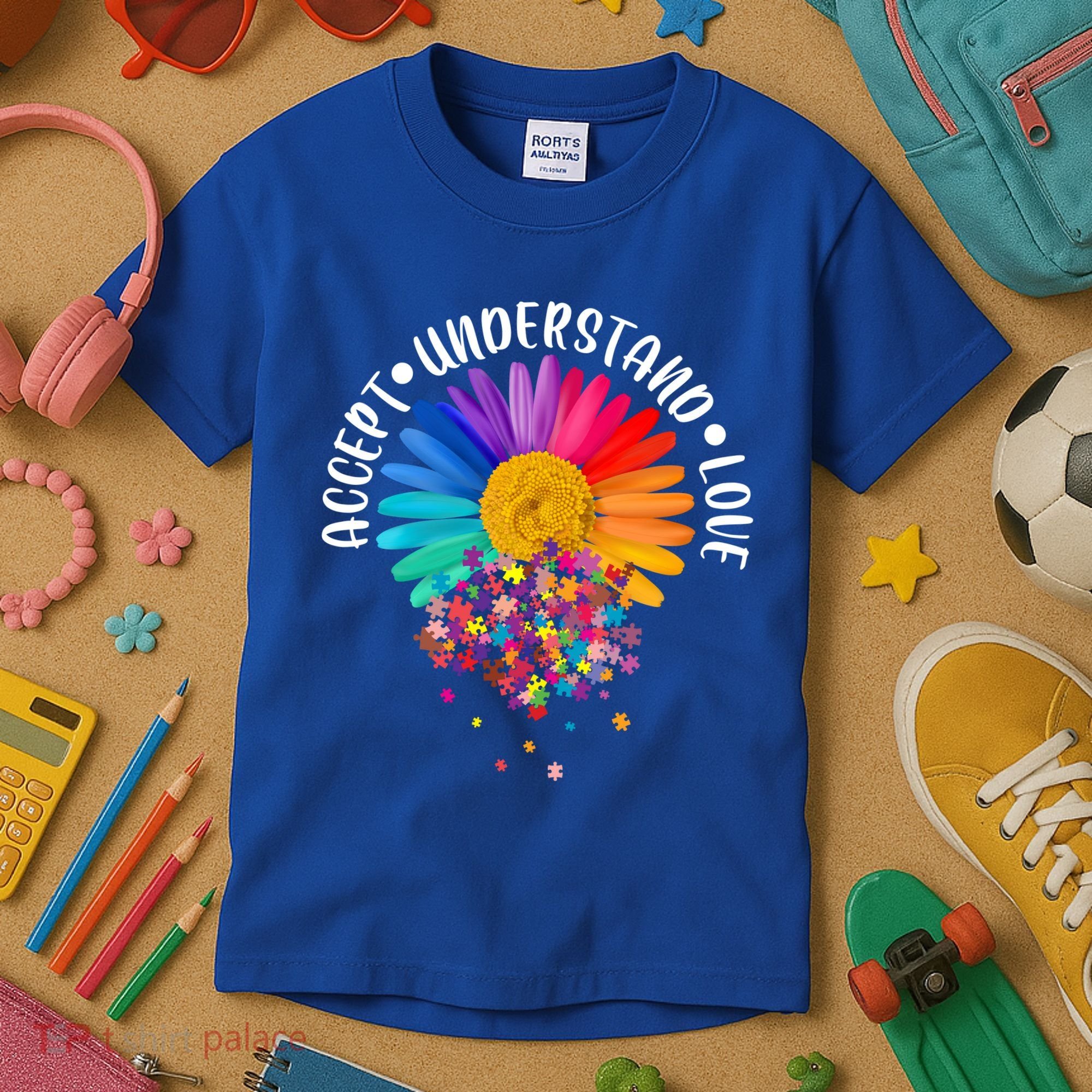 Accept Understand Love Autism Flower Puzzle Pieces Kids T-Shirt