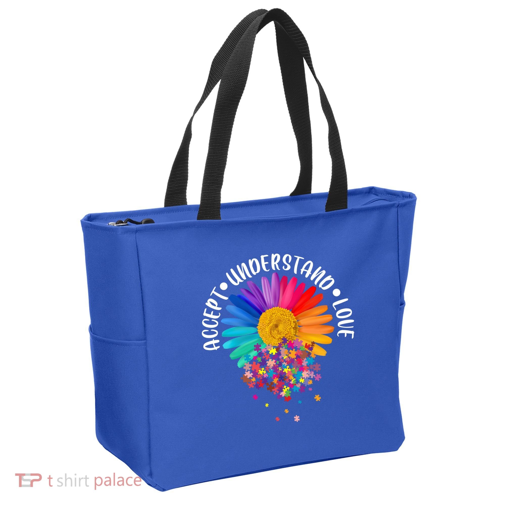 Accept Understand Love Autism Flower Puzzle Pieces Tote Bag