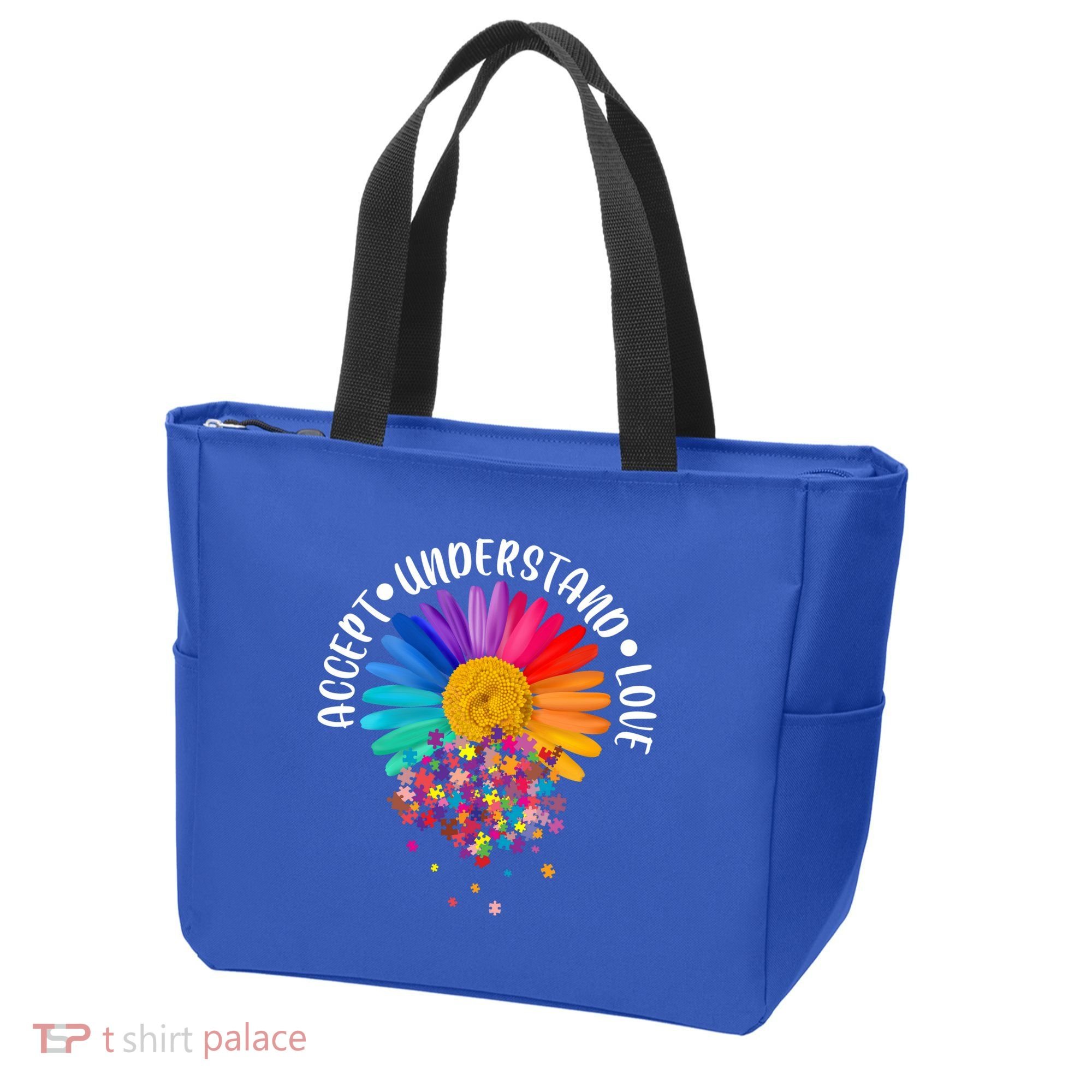 Accept Understand Love Autism Flower Puzzle Pieces Tote Bag