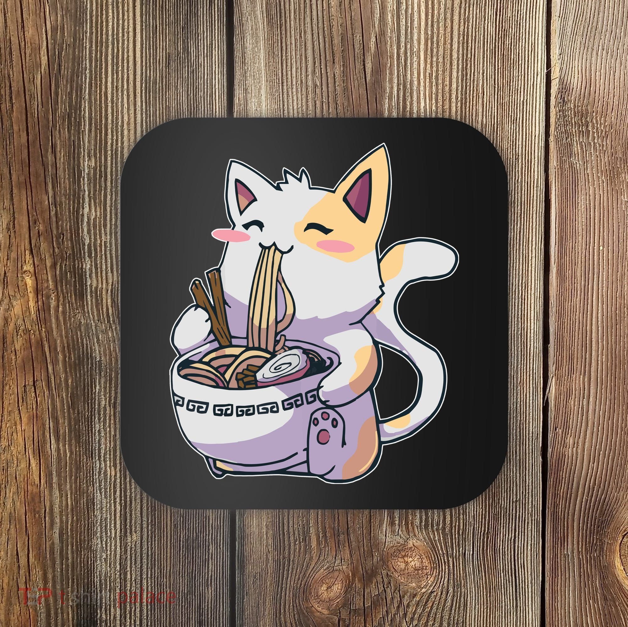 Anime Cat Eating Ramen Coaster
