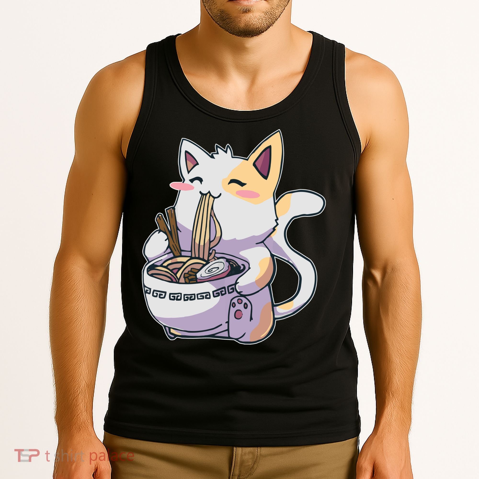 Anime Cat Eating Ramen Tank Top