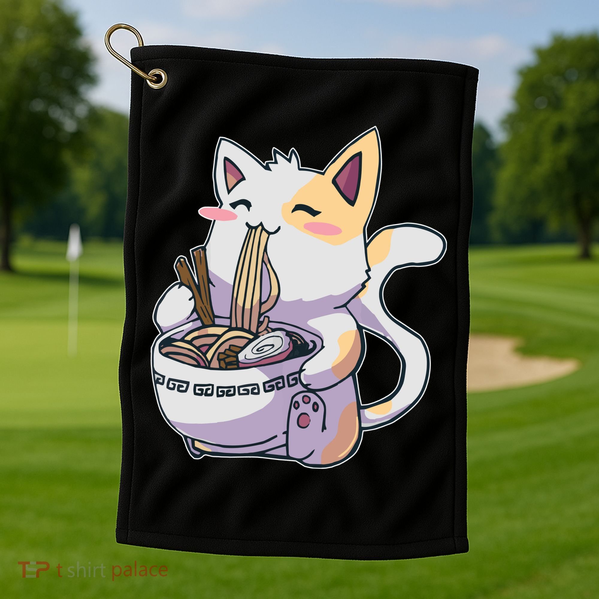 Anime Cat Eating Ramen Golf Towel