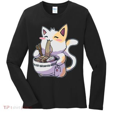 Anime Cat Eating Ramen Women's Long Sleeve Shirt
