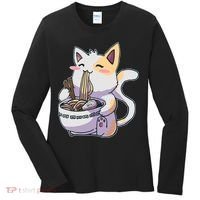 Anime Cat Eating Ramen Women's Long Sleeve Shirt thumb 0