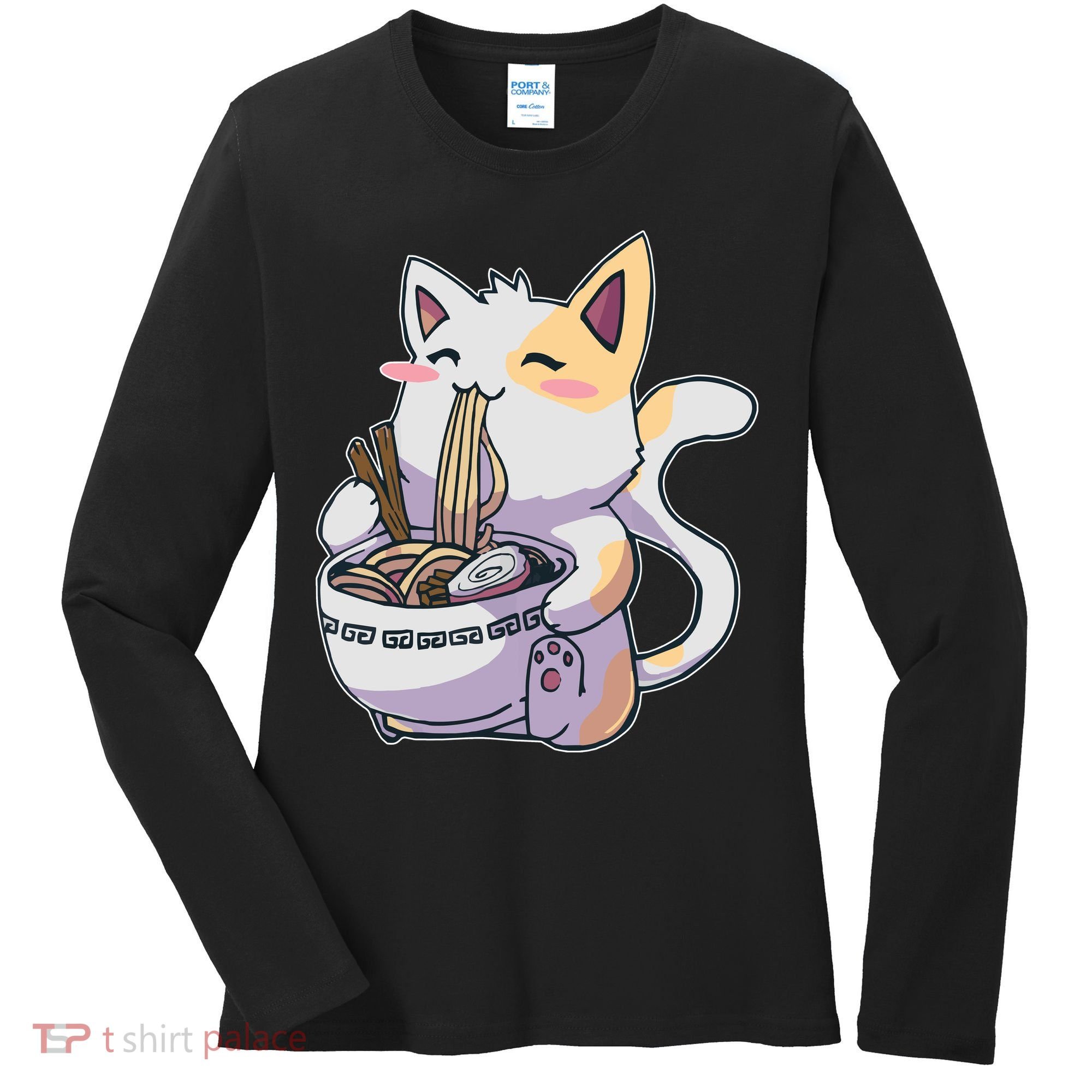 Anime Cat Eating Ramen Women's Long Sleeve Shirt