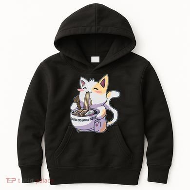 Anime Cat Eating Ramen Kids Hoodie