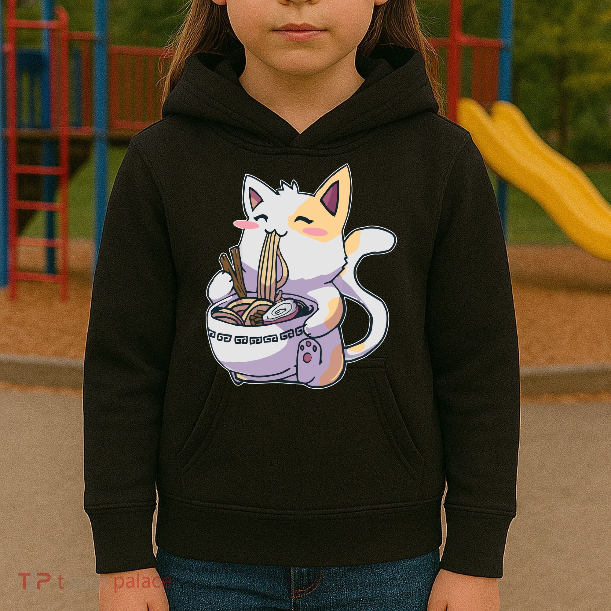 Anime Cat Eating Ramen Kids Hoodie