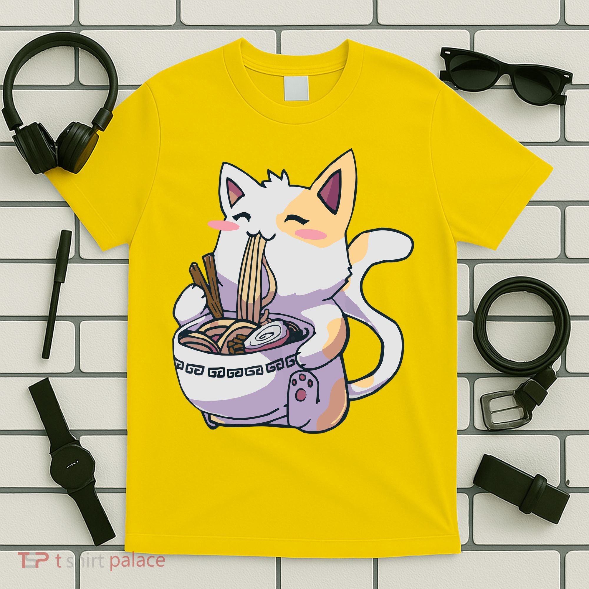 Anime Cat Eating Ramen T-Shirt