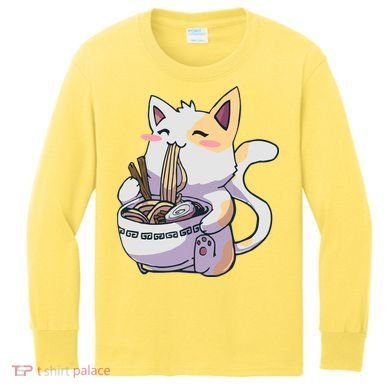 Anime Cat Eating Ramen Kids Long Sleeve Shirt