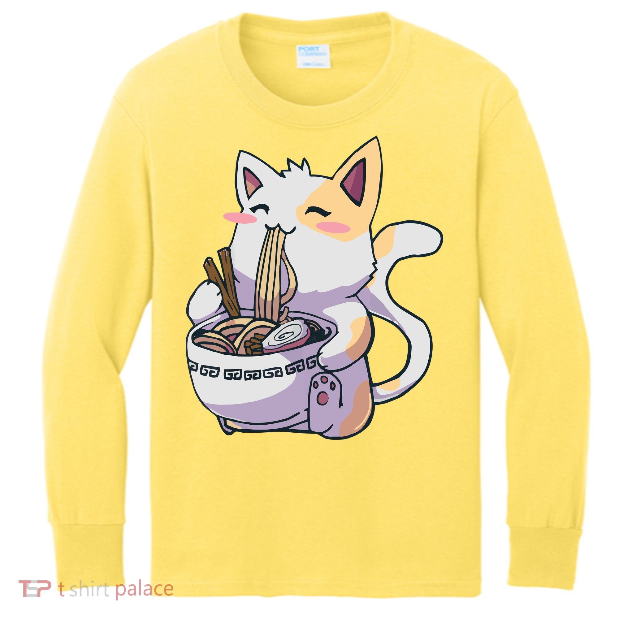Anime Cat Eating Ramen Kids Long Sleeve Shirt