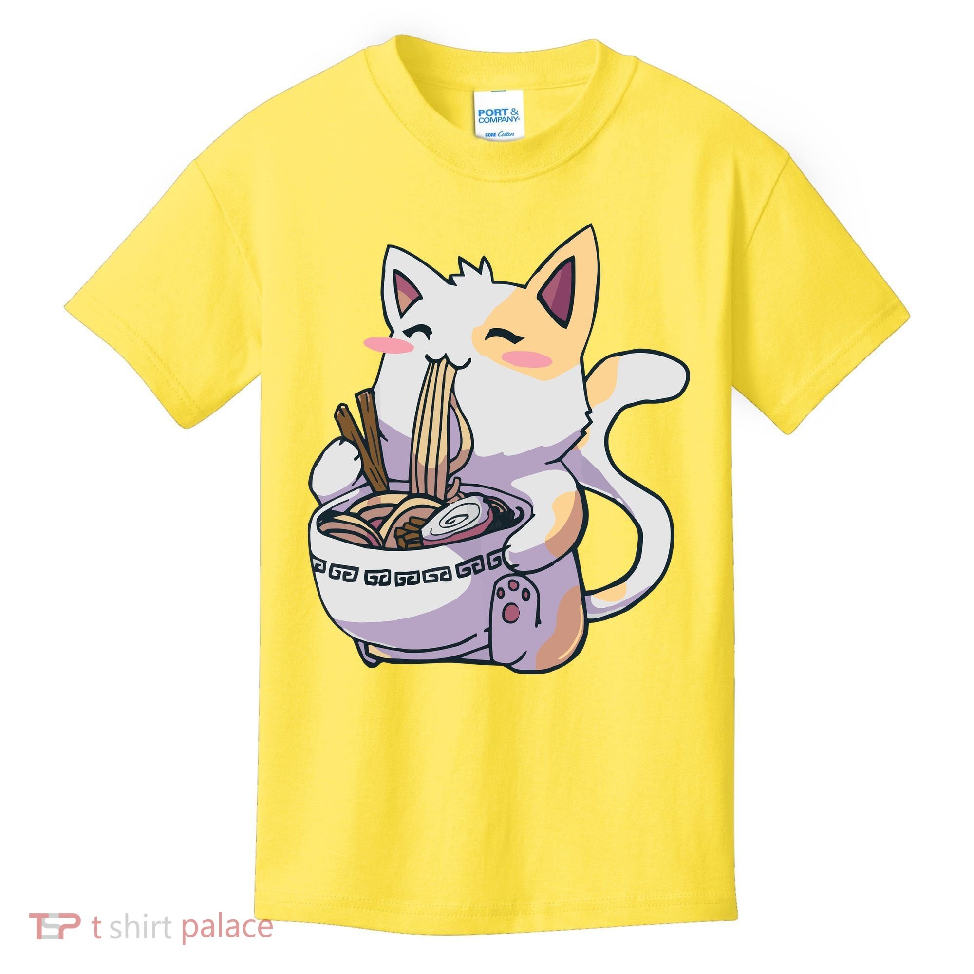 Anime Cat Eating Ramen Kids T-Shirt