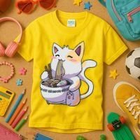 Anime Cat Eating Ramen Kids T-Shirt thumb 3