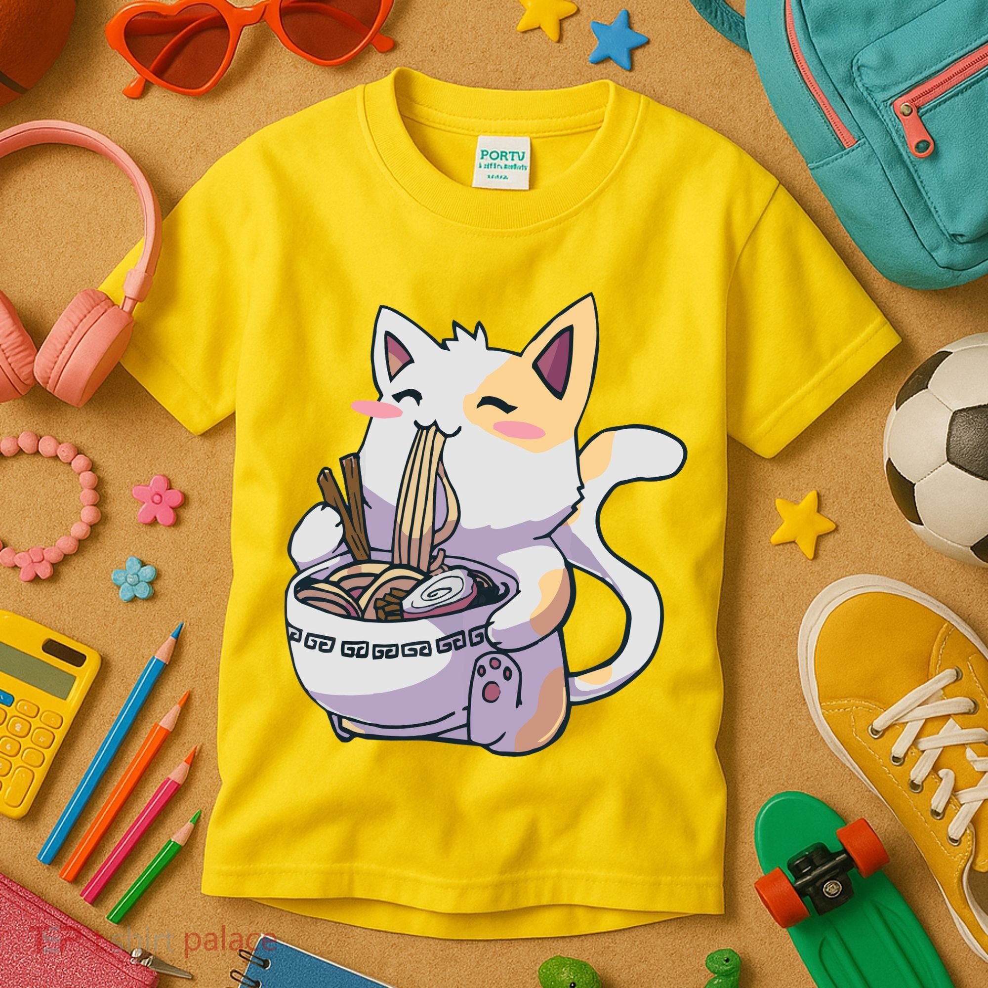 Anime Cat Eating Ramen Kids T-Shirt
