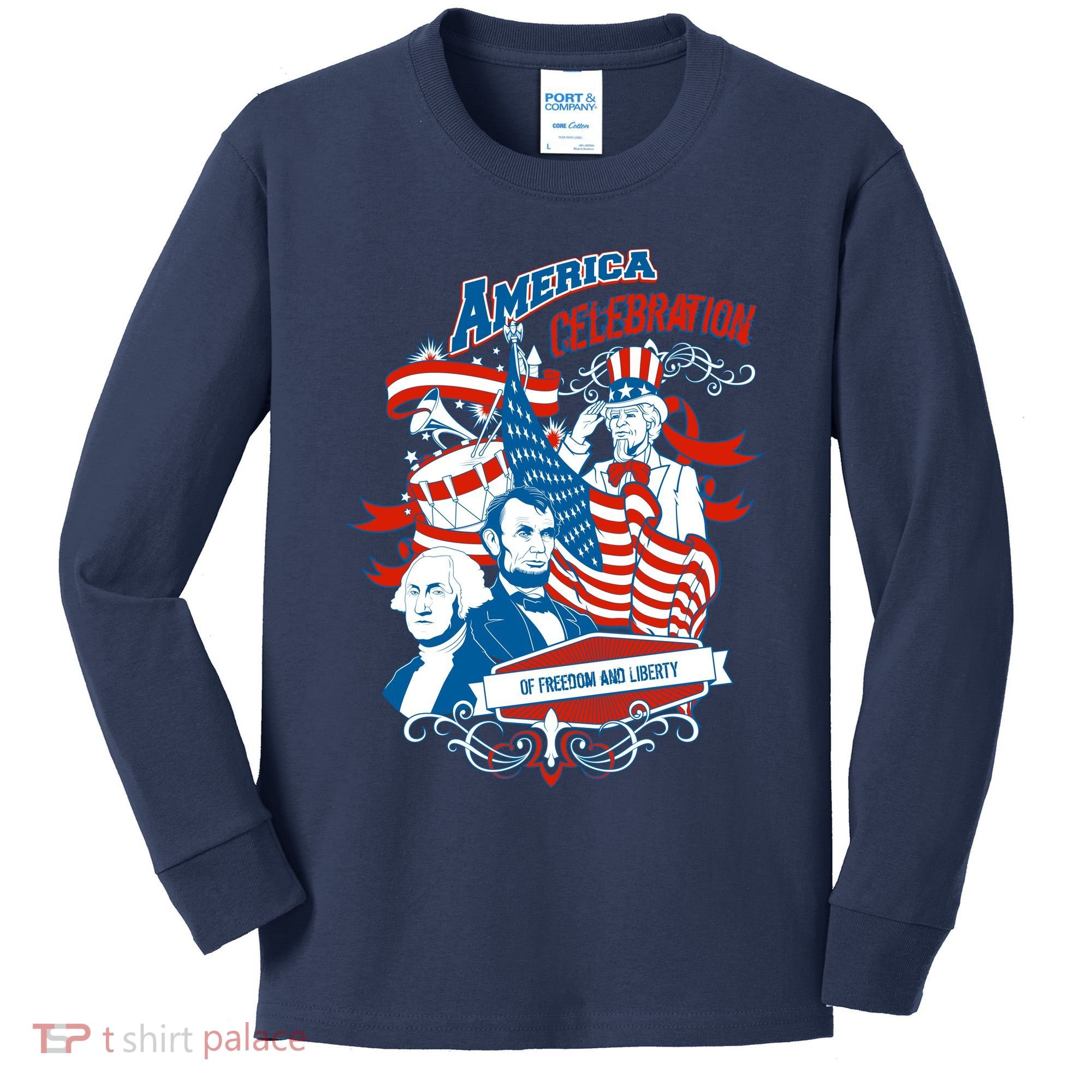 America Celebration Freedom Liberty Lincoln Washington Kids Long Sleeve Shirt