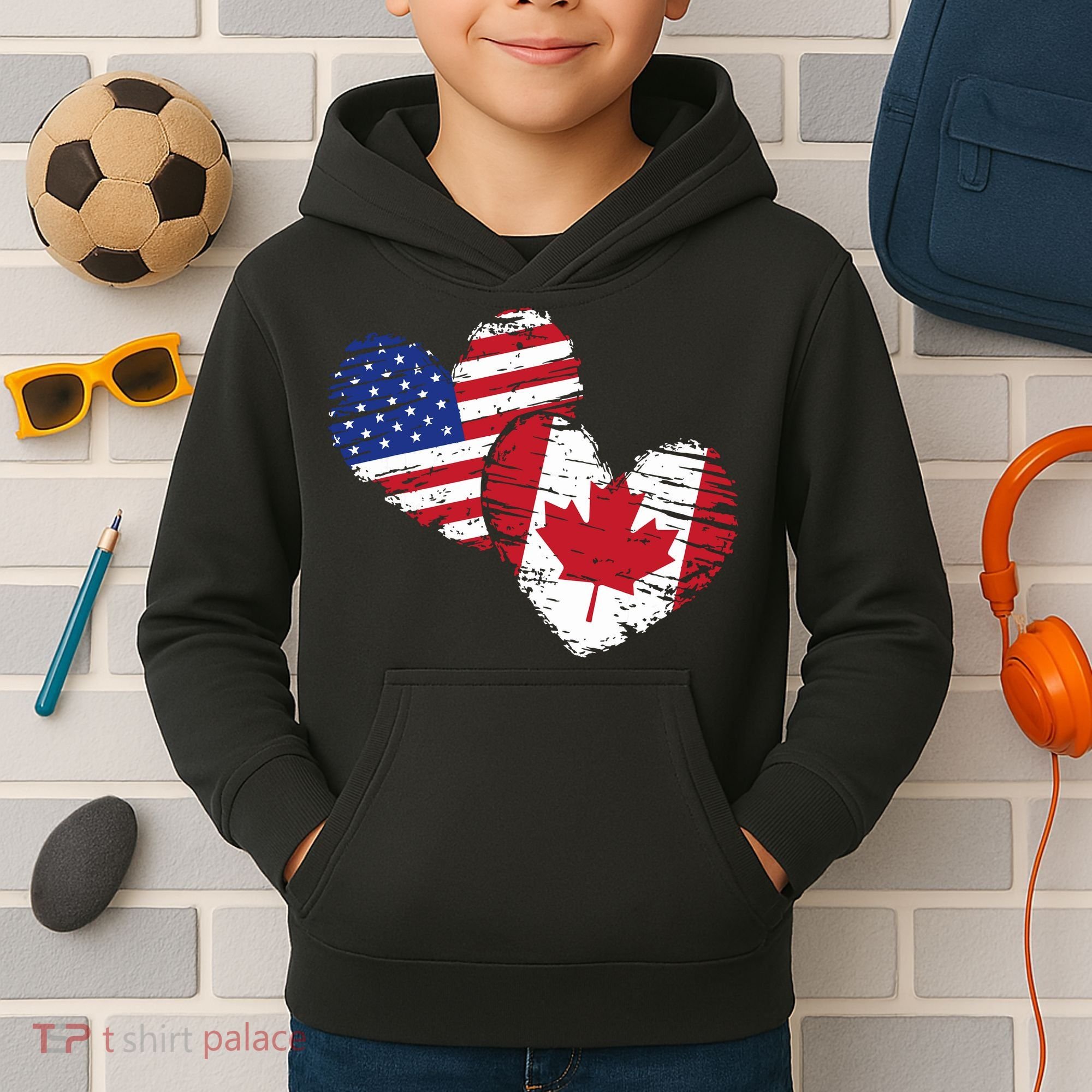 American Canadian Flag Heart Valentines Day Gift Canada Kids Hoodie