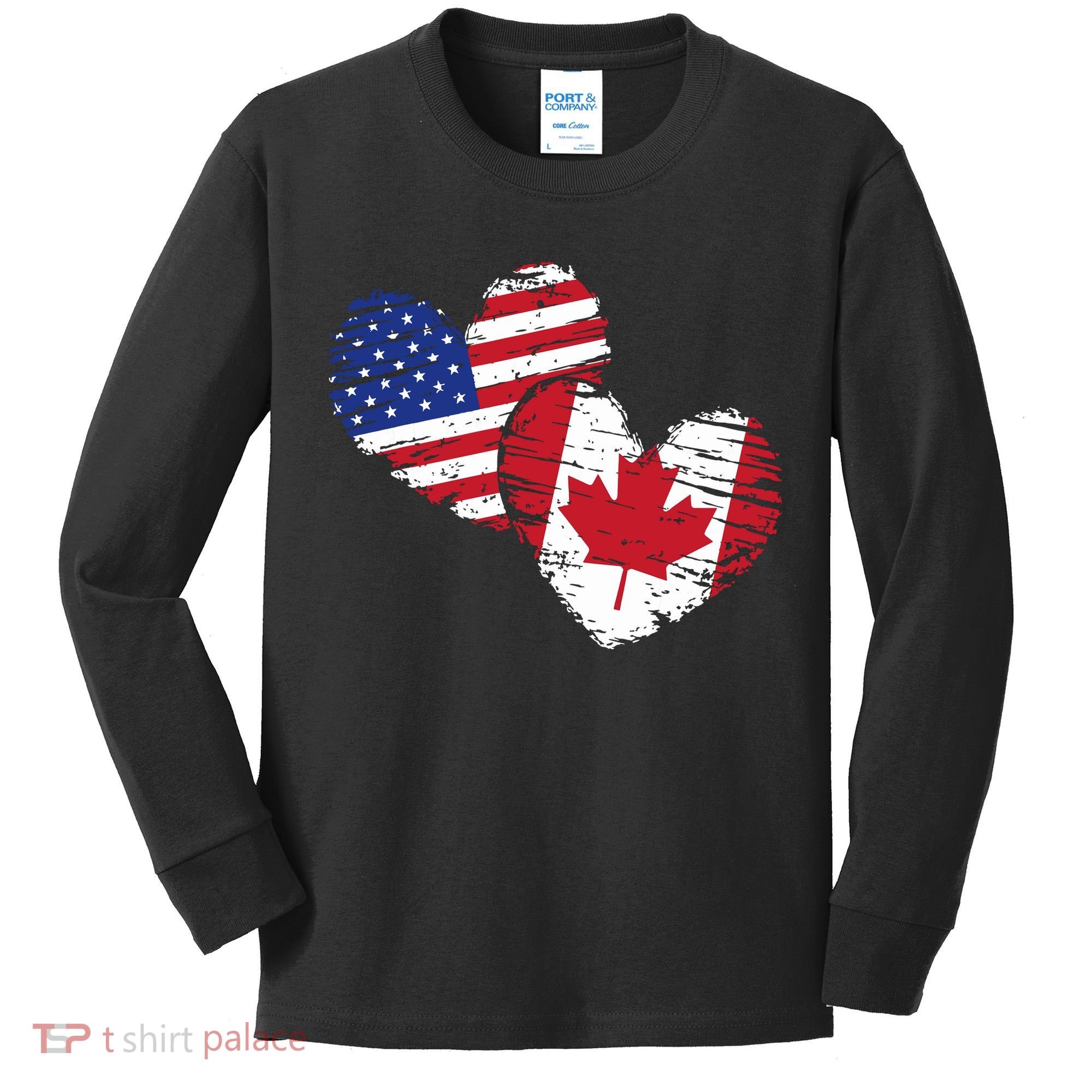 American Canadian Flag Heart Valentines Day Gift Canada Kids Long Sleeve Shirt