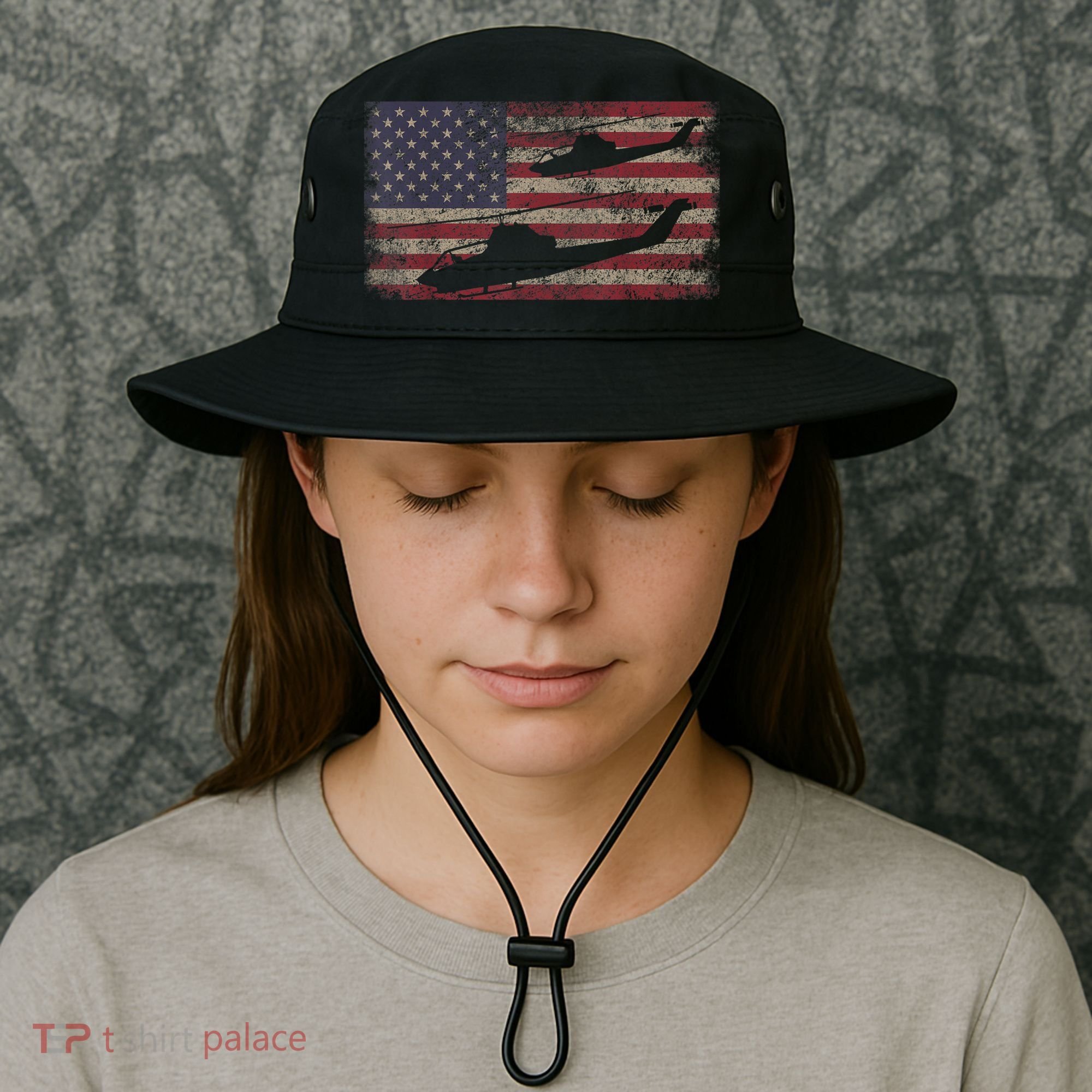AH1 Cobra Helicopter Military USA American Flag Bucket Hat