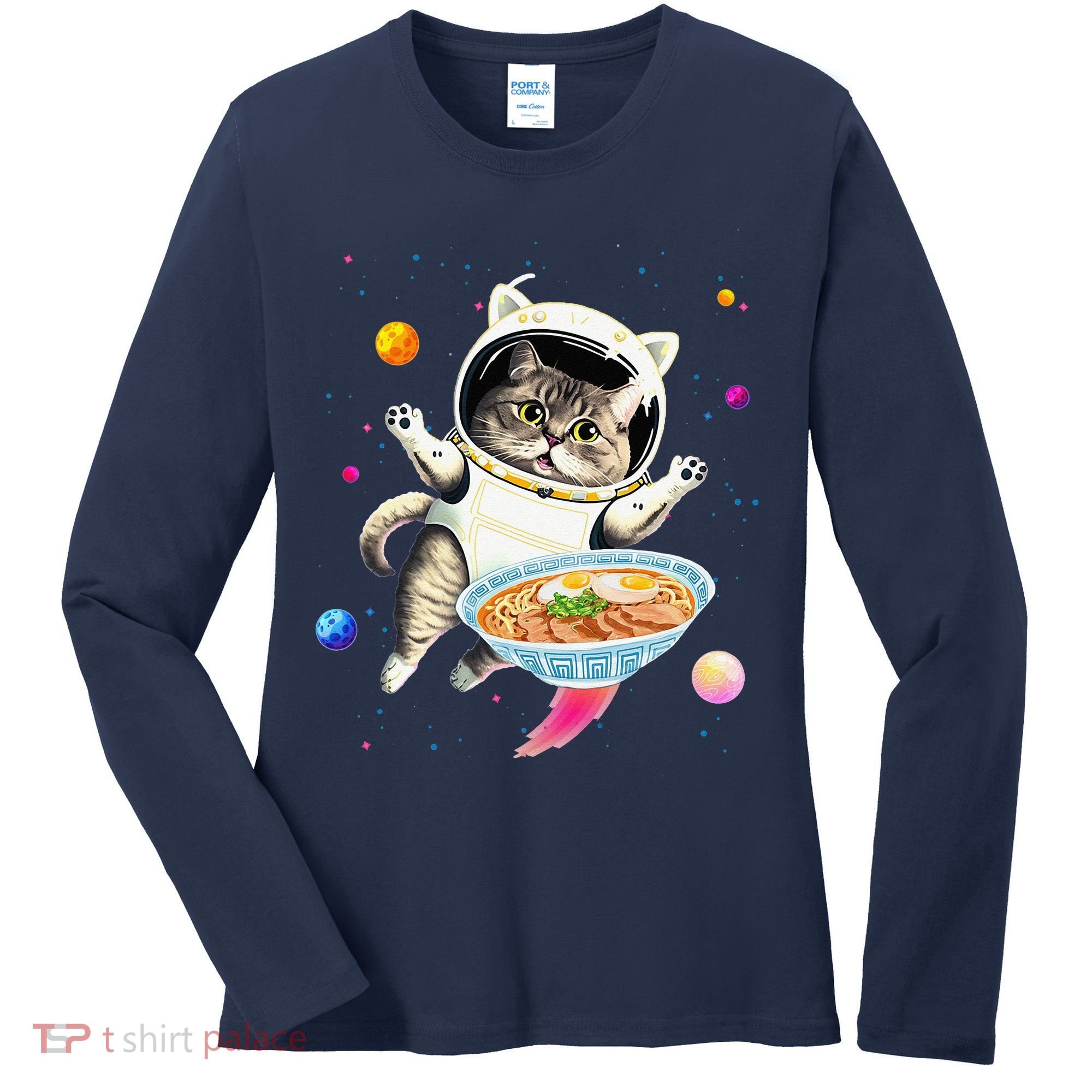 Astronaut Cat In Space With Ramen Noodles Galaxy Cat Women's Long Sleeve Shirt