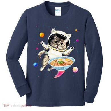 Astronaut Cat In Space With Ramen Noodles Galaxy Cat Kids Long Sleeve Shirt