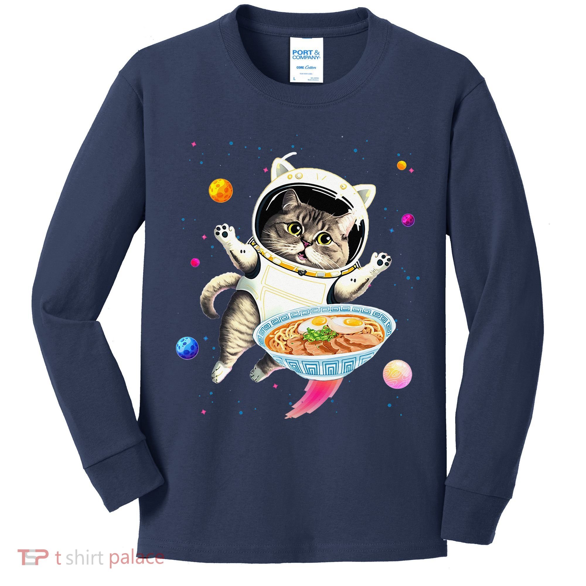Astronaut Cat In Space With Ramen Noodles Galaxy Cat Kids Long Sleeve Shirt