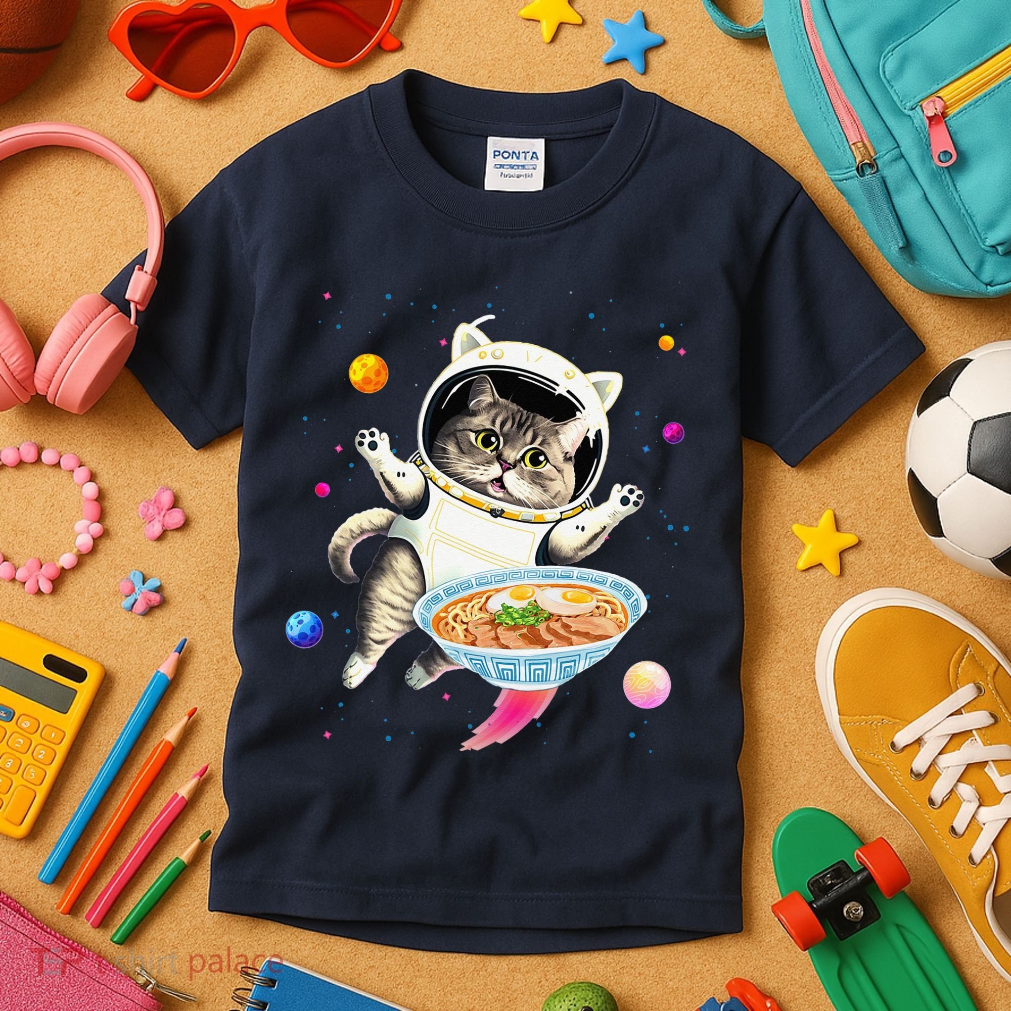 Astronaut Cat In Space With Ramen Noodles Galaxy Cat Kids T-Shirt
