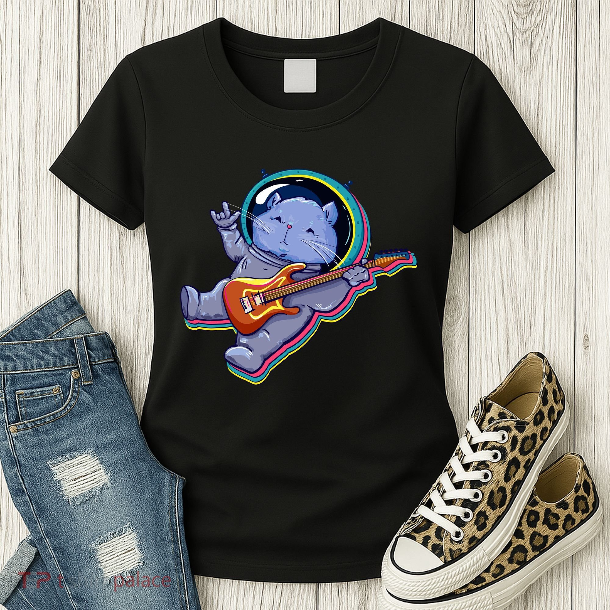 Astronaut Cat In Space Guitar Women's T-Shirt