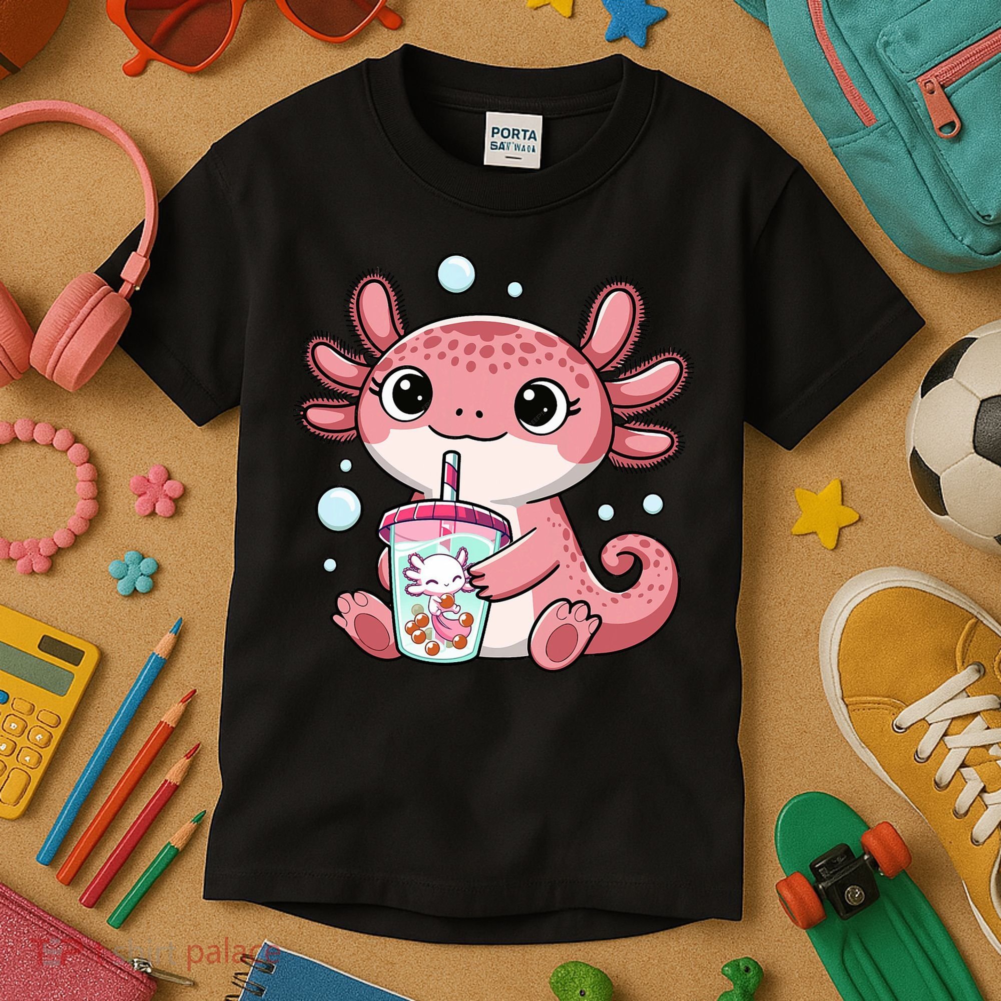 Axolotl Cute Kawaii Anime Boba Tea Kids T-Shirt