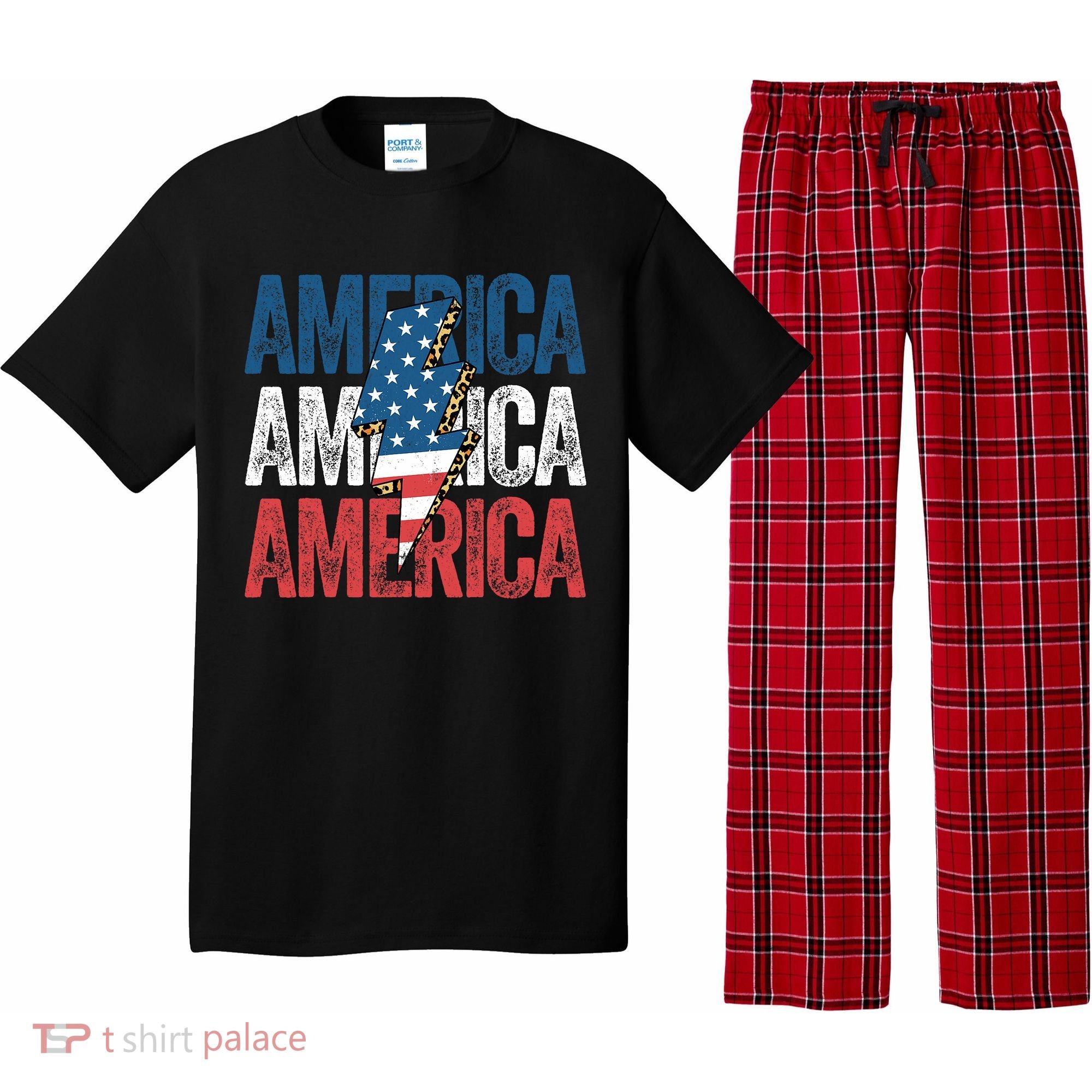 America Cheetah Leopard Lightning Bolt 4th Of July Pajama Set