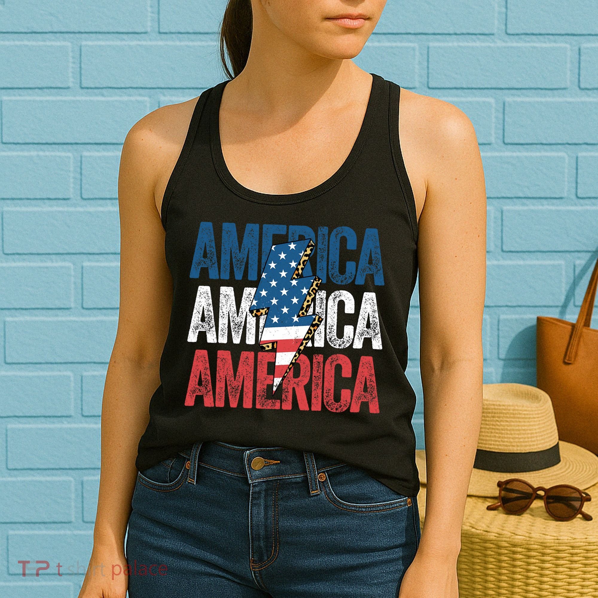America Cheetah Leopard Lightning Bolt 4th Of July Women's Tank Top