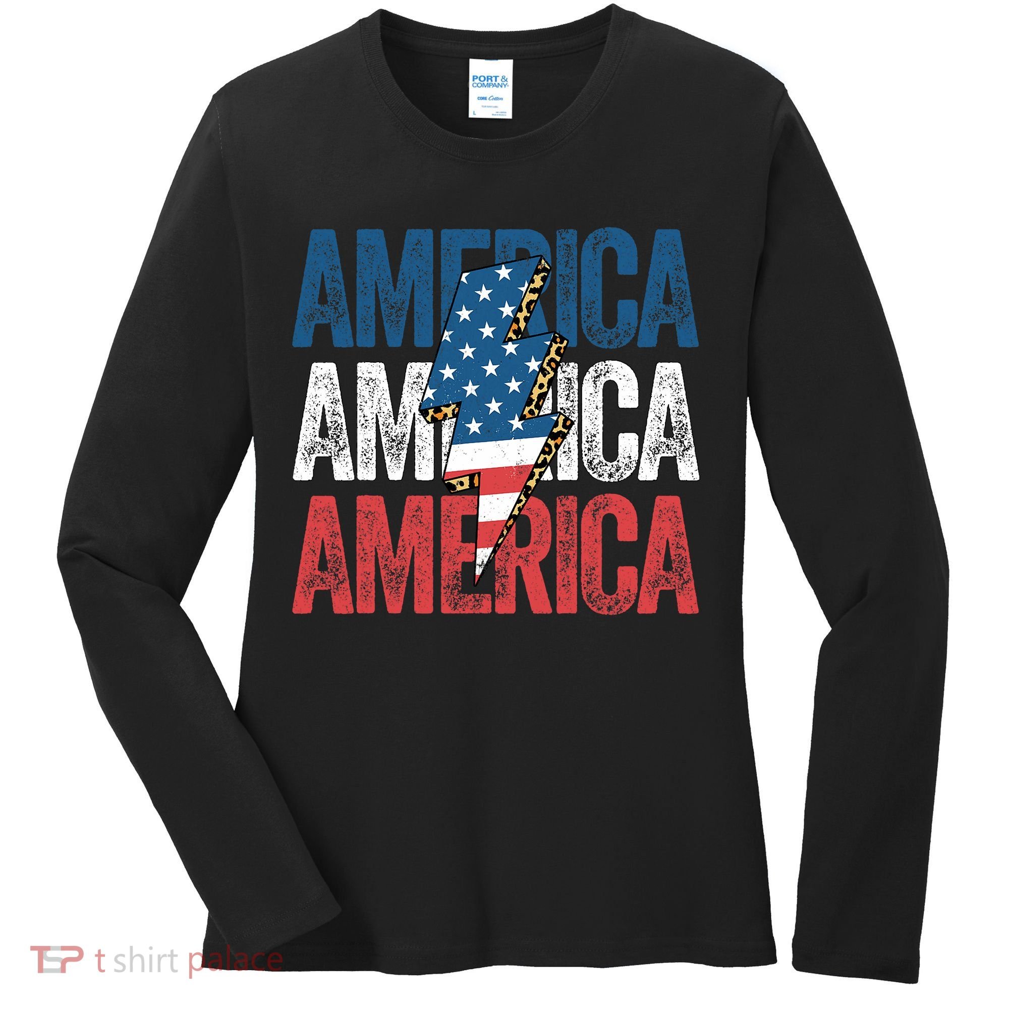 America Cheetah Leopard Lightning Bolt 4th Of July Women's Long Sleeve Shirt