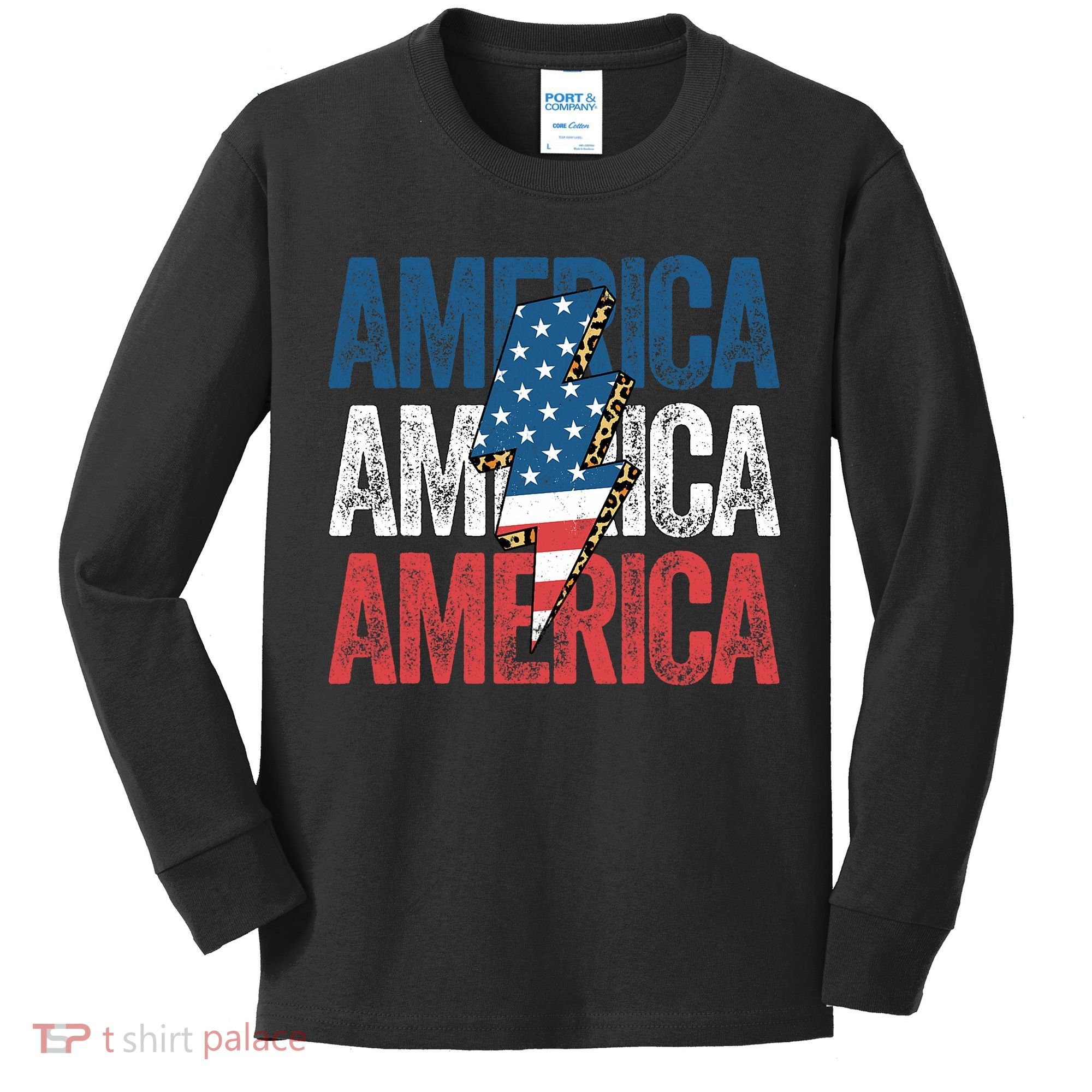 America Cheetah Leopard Lightning Bolt 4th Of July Kids Long Sleeve Shirt