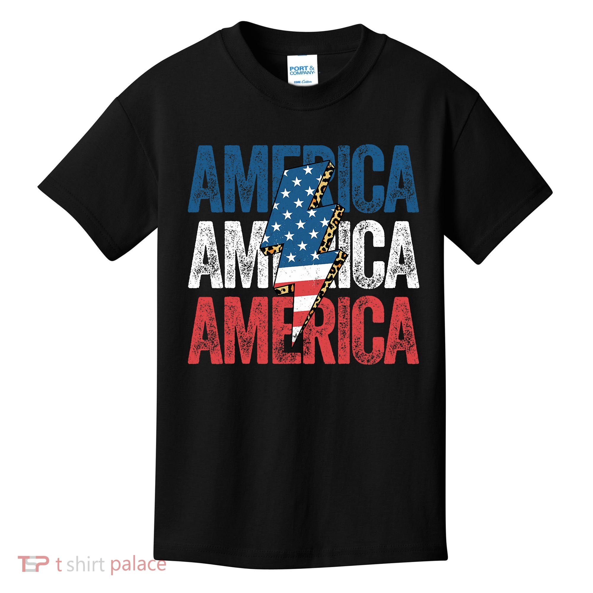 America Cheetah Leopard Lightning Bolt 4th Of July Kids T-Shirt