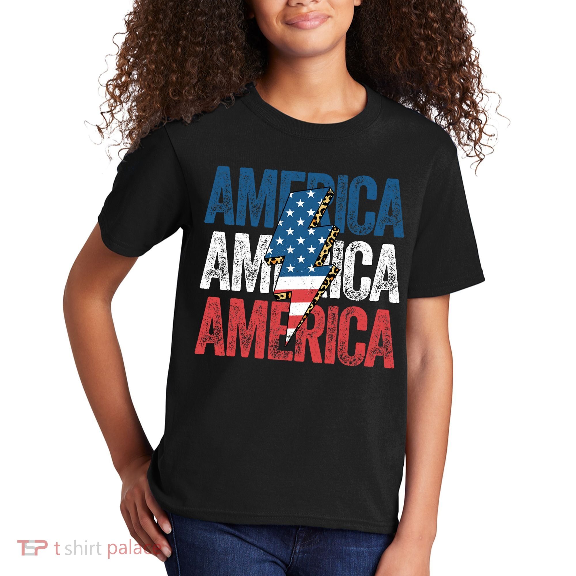 America Cheetah Leopard Lightning Bolt 4th Of July Kids T-Shirt