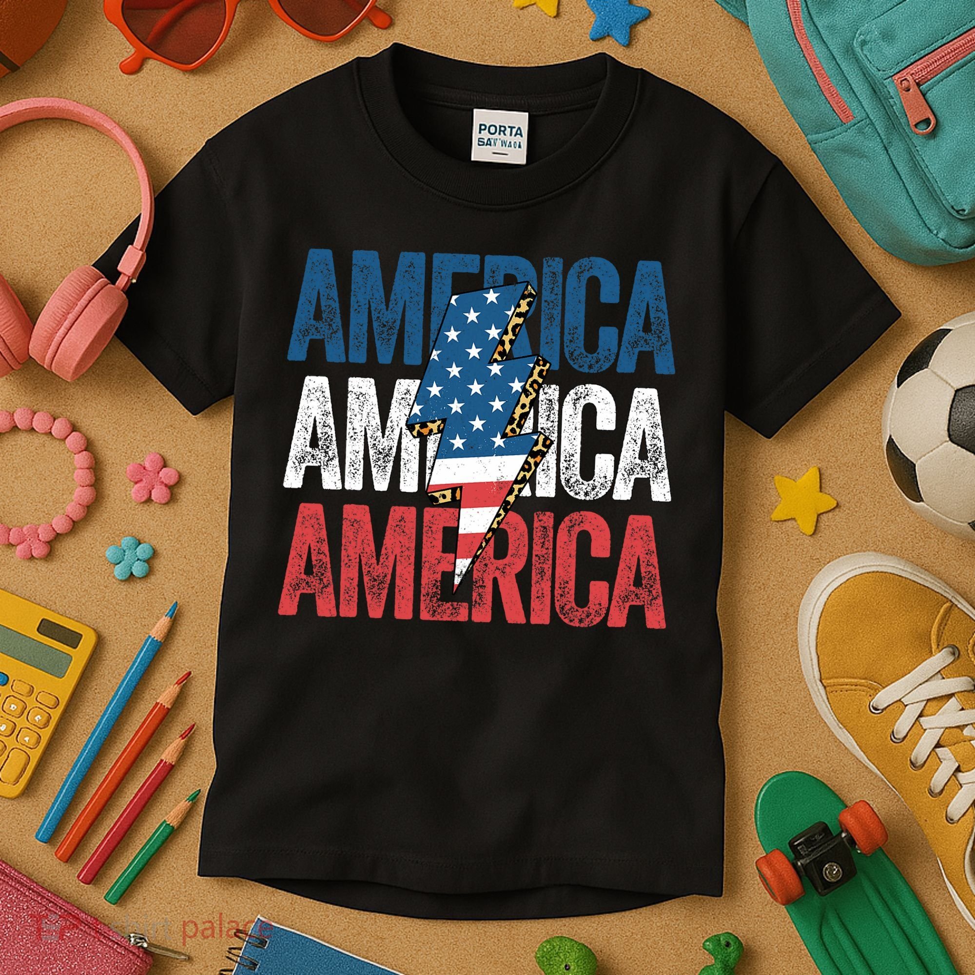 America Cheetah Leopard Lightning Bolt 4th Of July Kids T-Shirt