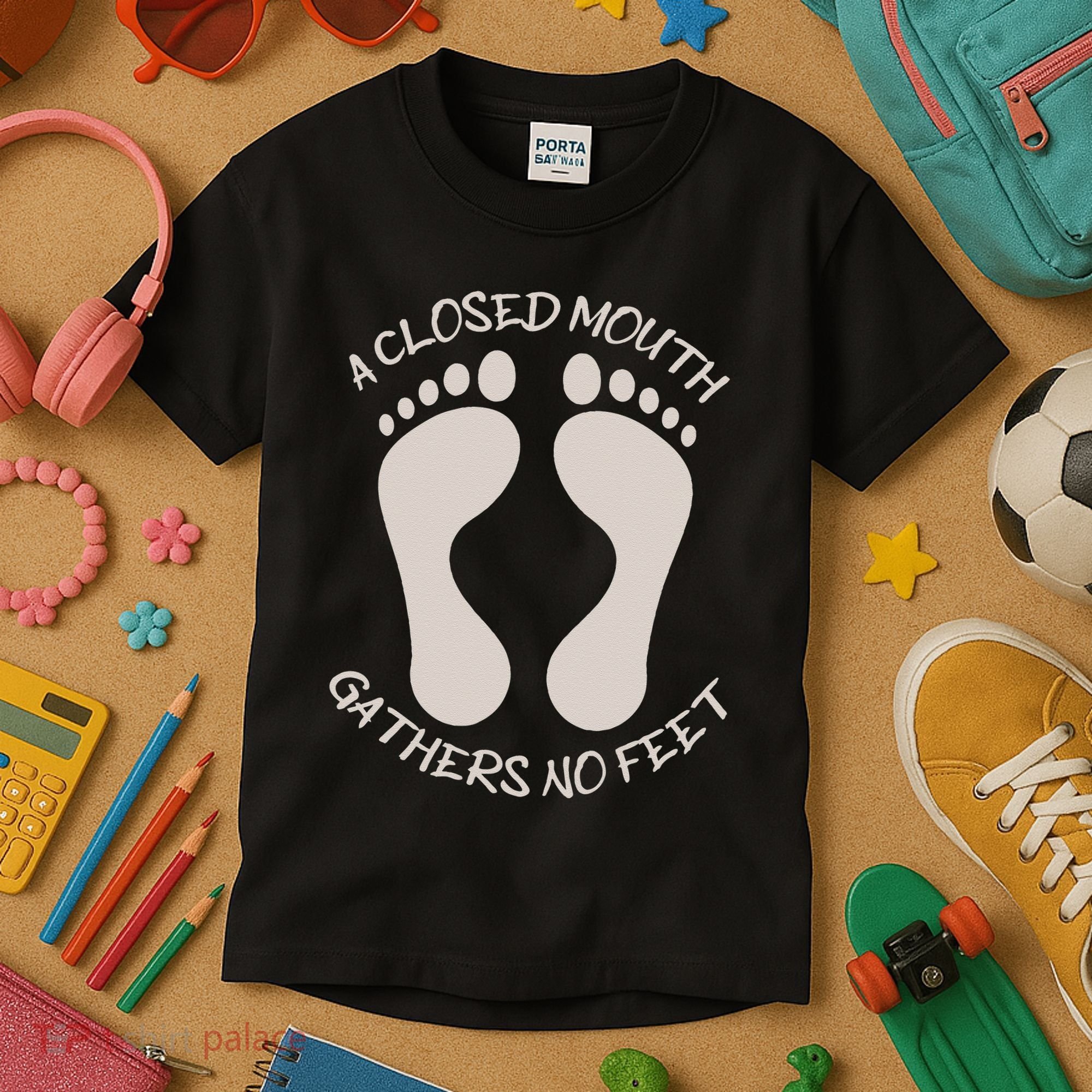 A Closed Mouth Gathers No Feet Funny Pun Corny Dad Joke Kids T-Shirt