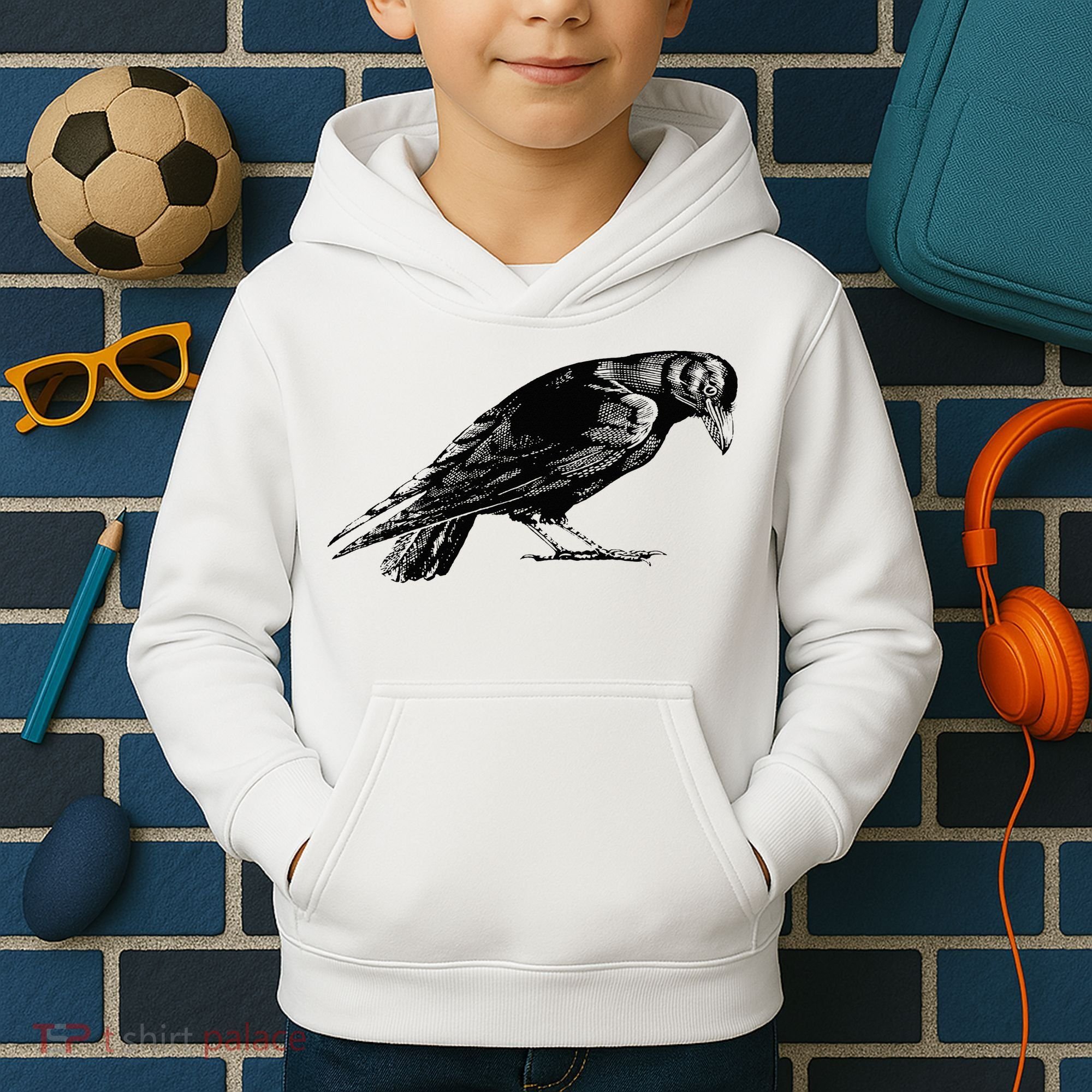 Antique Crow or Raven Kids Hoodie