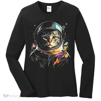 Astronaut Cat Or Funny Space Cat On Galaxy Cat Lover Day Women's Long Sleeve Shirt