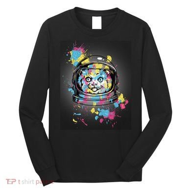 Astronaut Cat Paint Splatter Colorful Design Long Sleeve Shirt