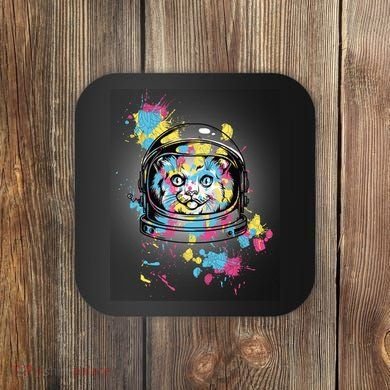 Astronaut Cat Paint Splatter Colorful Design Coaster