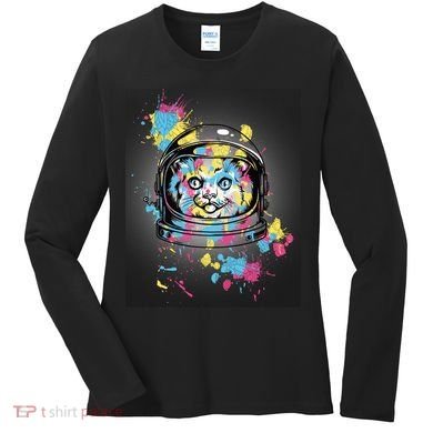 Astronaut Cat Paint Splatter Colorful Design Women's Long Sleeve Shirt