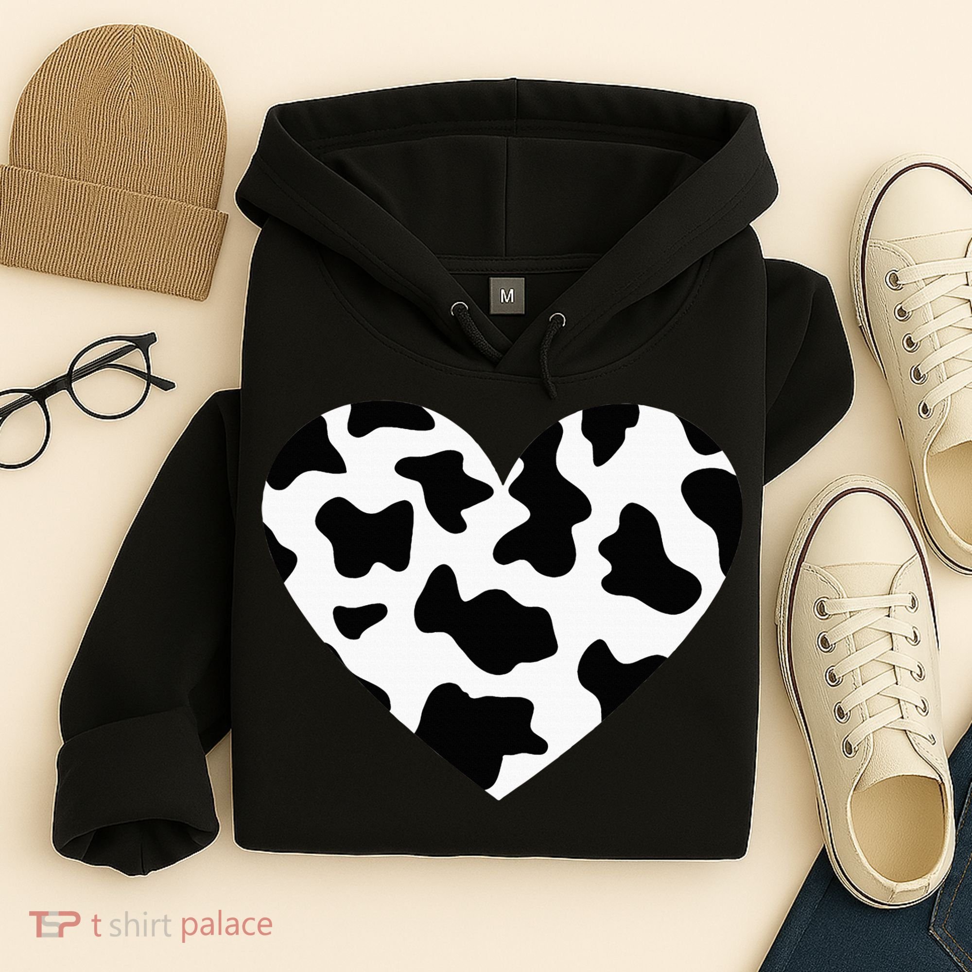Awesome Cow Print Black & White Print Heart Hoodie