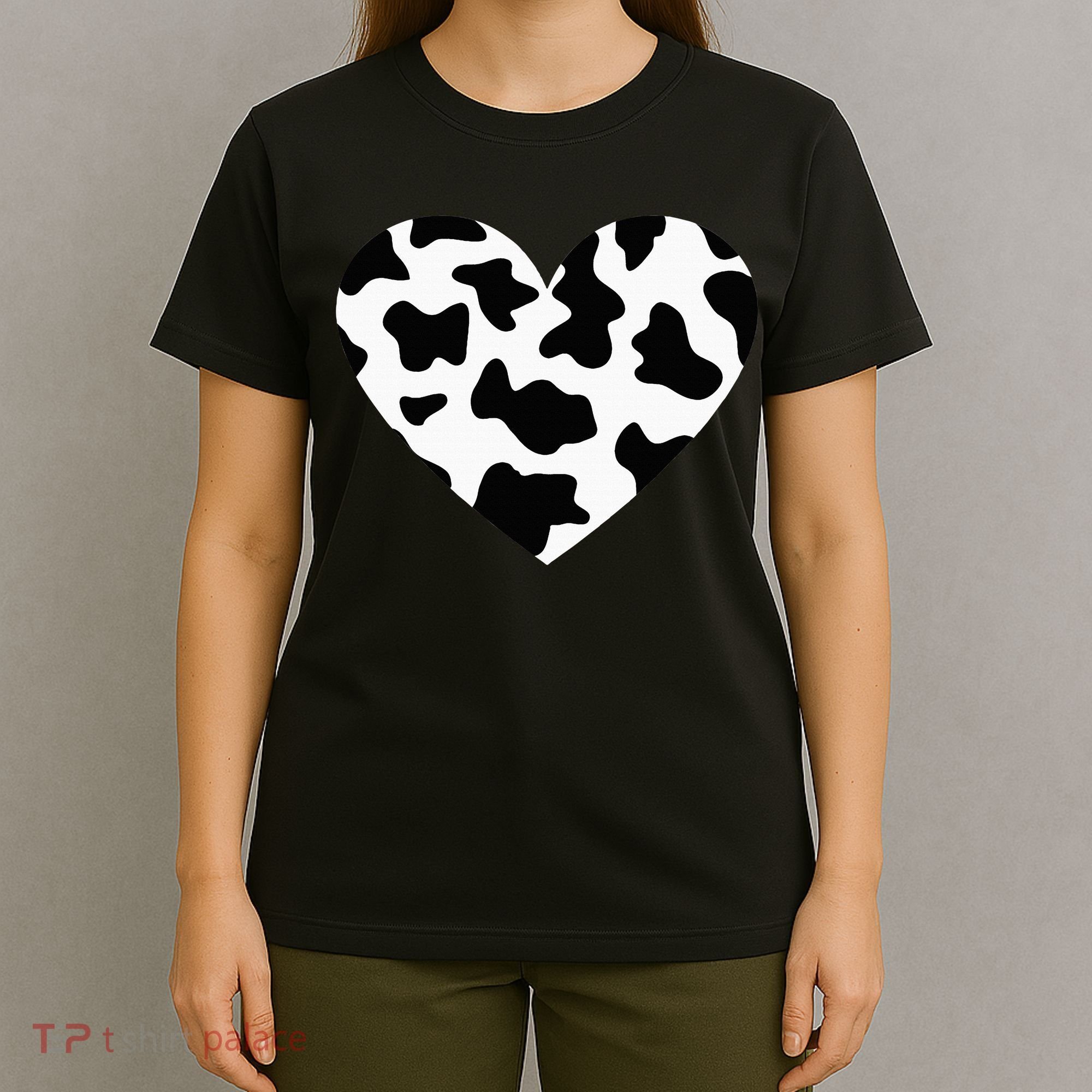 Awesome Cow Print Black & White Print Heart T-Shirt